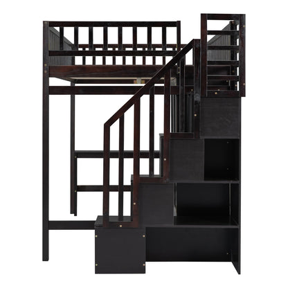 URTR Espresso Full Loft Bed with Storage Stairs, Wardrobe, and Desk for Optimal Space Utilisation - WoodArtSupply