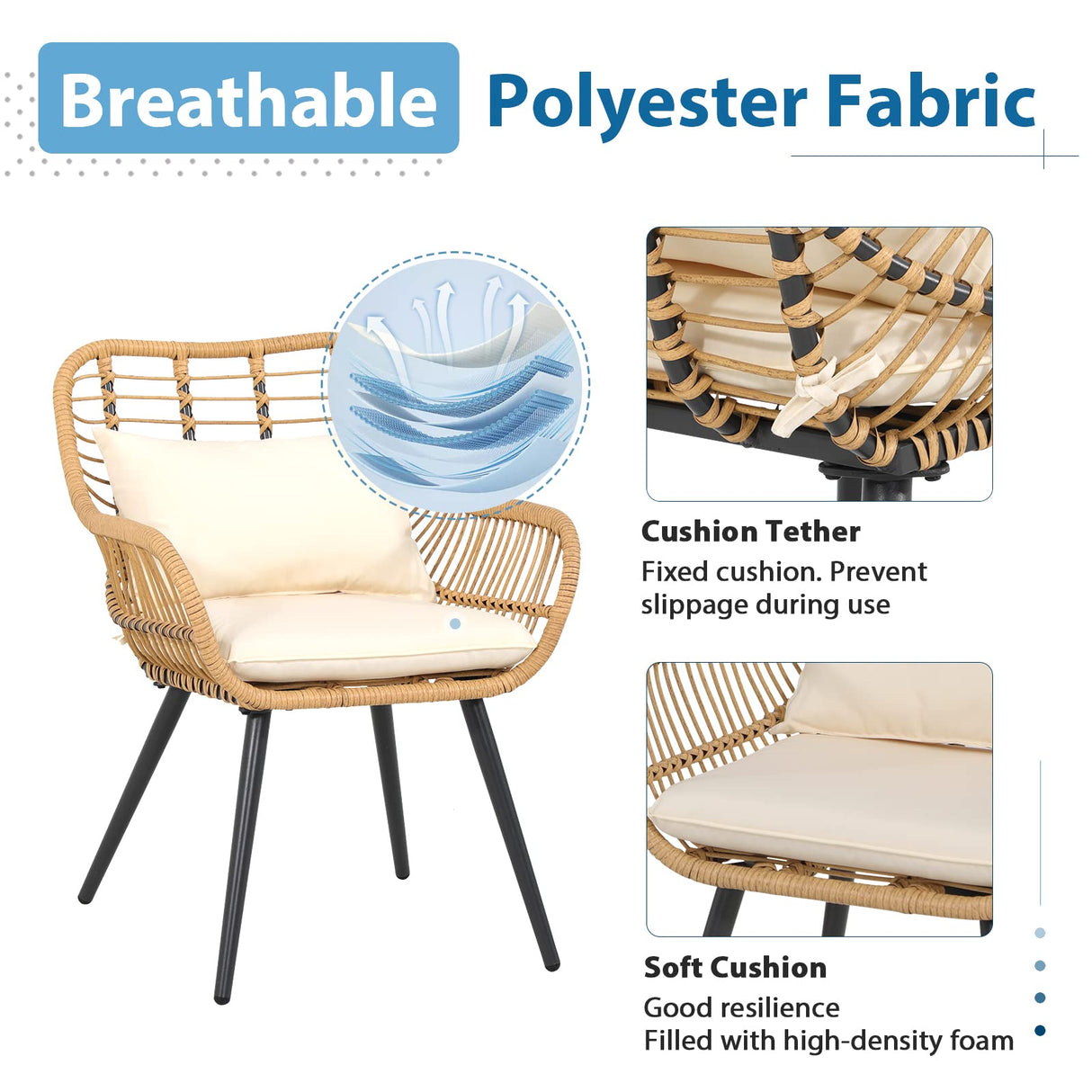 JOIVI 3 Piece Outdoor Wicker Conversation Bistro Set, Patio Furniture Rattan Chairs and Square Side Table Set for Porch, Balcony, Poolside, Yard, White Cushion JOIVI