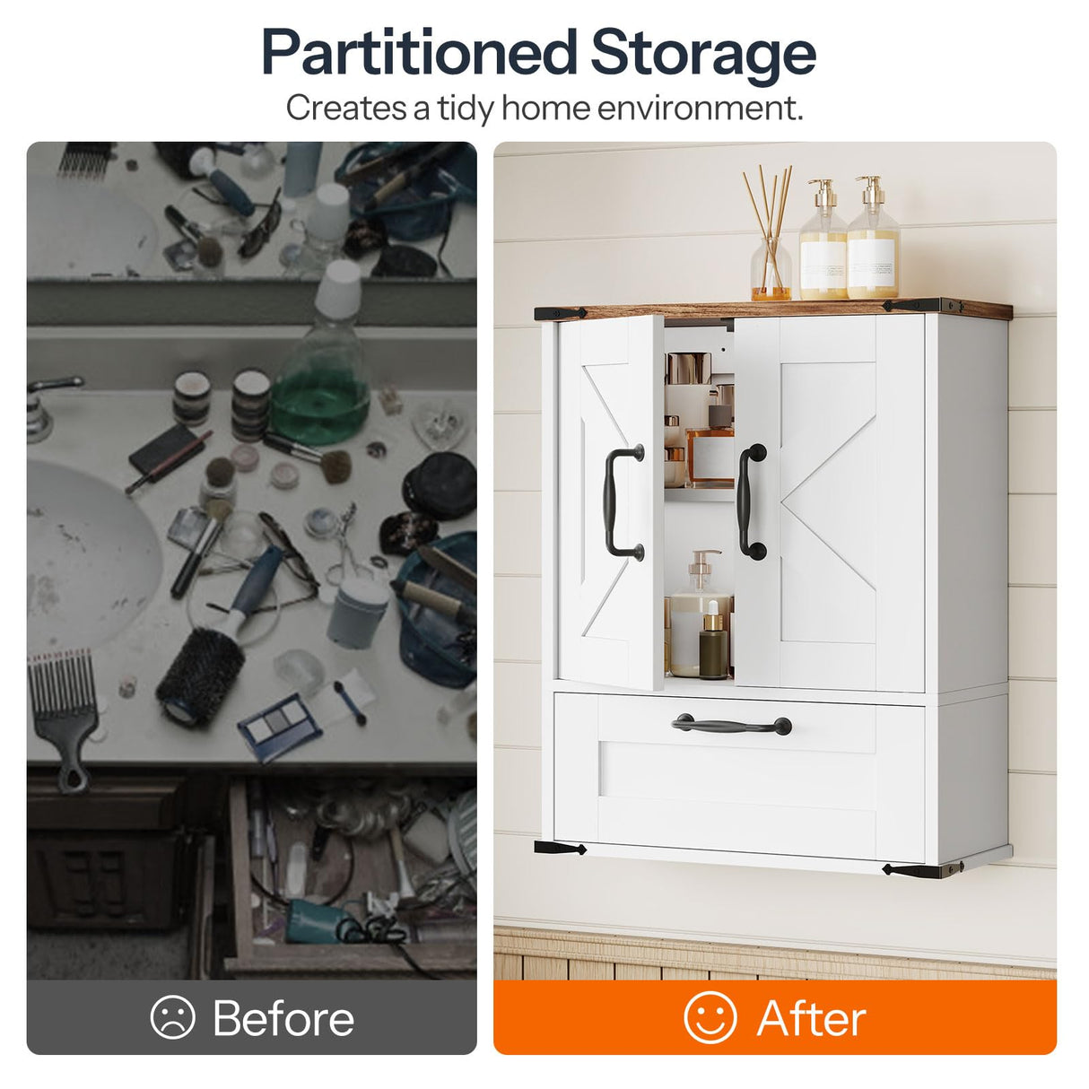 HOOBRO Farmhouse Wall Mounted Cabinet with Adjustable Shelf, Medicine Cabinet with Flip-Down Door, Over The Toilet Bathroom Organizer, for Small Bathroom, Kitchen, White and Walnut HOOBRO