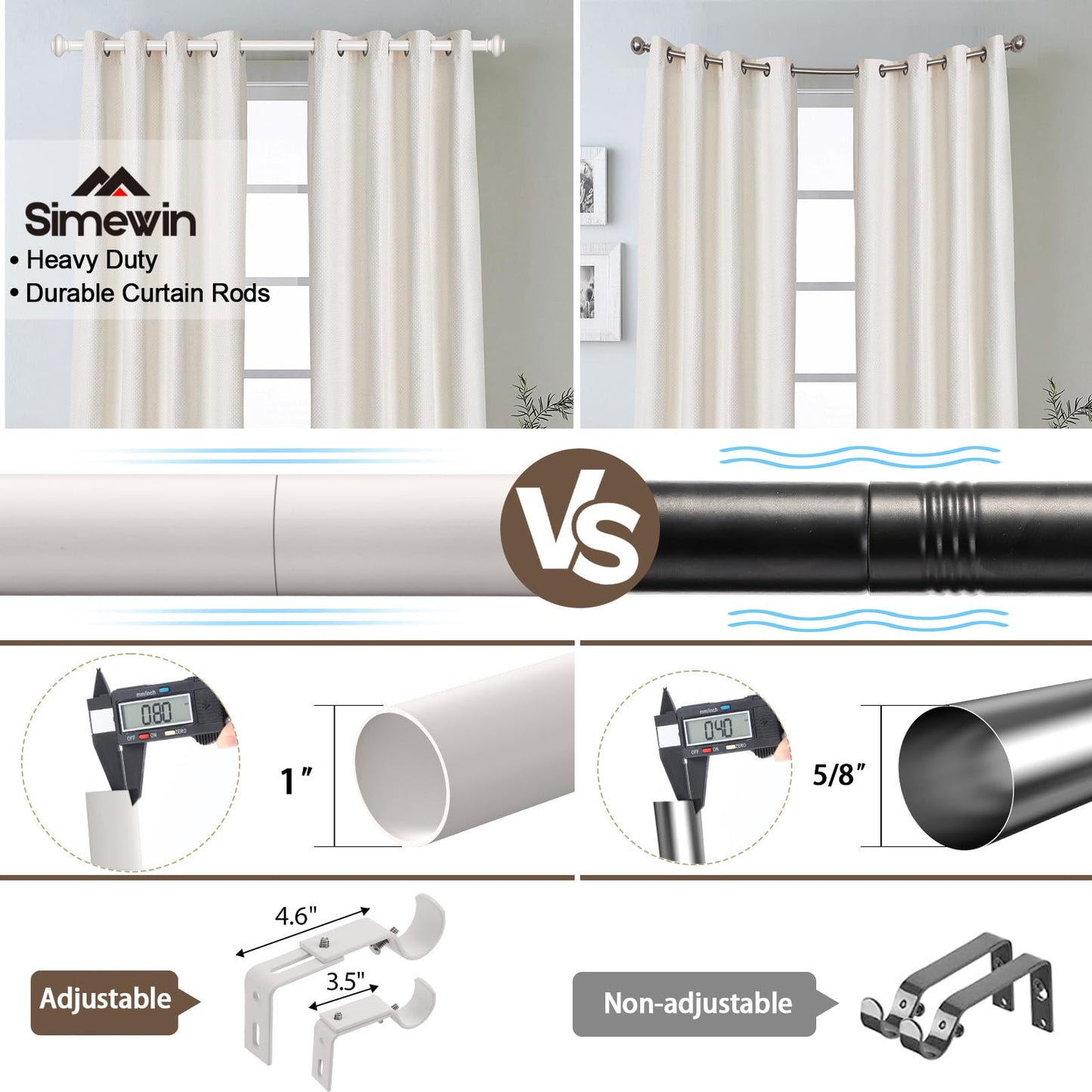 SIMEWIN White Curtain Rods for Windows 28 to 48 Inches Adjustable Decorative 1 Inch Diameter Single Window Curtain Rod Set with Classic Finials, White Finishing