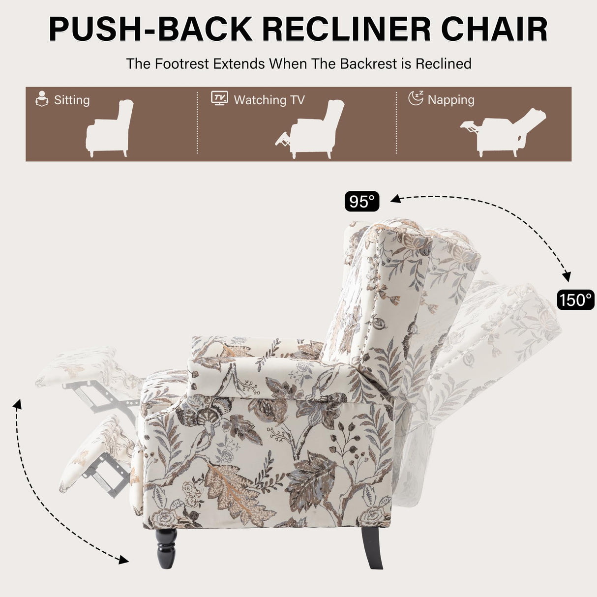 UIXE Pushback Recliner Chair, Fabric Upholstered Armchair Push Back Accent Chair for Living Room, Rivet Trim Home Theater Single Sofa Bedroom Reading Seat with Footrest - Beige Plants UIXE