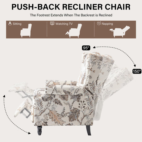UIXE Pushback Recliner Chair, Fabric Upholstered Armchair Push Back Accent Chair for Living Room, Rivet Trim Home Theater Single Sofa Bedroom Reading Seat with Footrest - Beige Plants UIXE