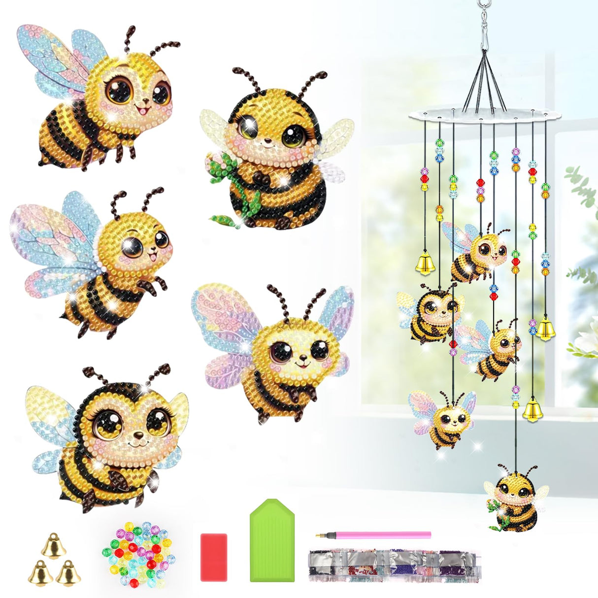 Bowetile 5D Diamond Art Kits for Adults, Bee Diamond Art Wind Chimes, Diamond Painting DIY Wind Chime Kit, Diamond Painting Wind Chimes Suncatchers, Art Kits for Adults Teens Garden Home Decor Bowetile
