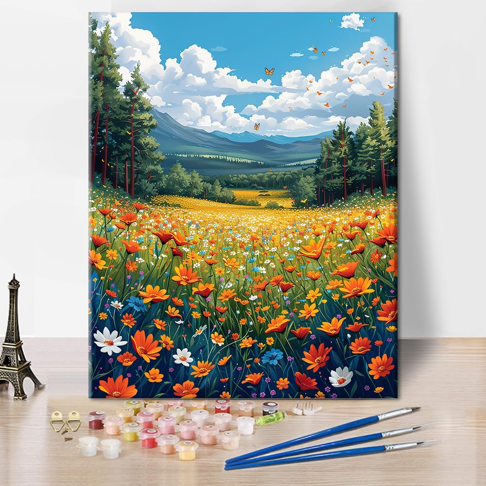 Paint by Numbers Kit for Adults, Beautiful Meadow Painting by Numbers with Paintbrushes and Acrylic Pigment, Flowers in the Mountains Paint by Numbers Kit for Adults Beginner 16x20 Inch Frameless TUMOVO