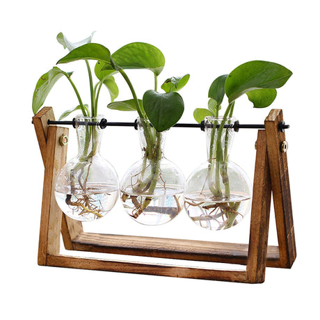 XXXFLOWER Plant Terrarium with Wooden Stand, Air Planter Bulb Glass Vase Metal Swivel Holder Retro Tabletop for Hydroponics Home Garden Office Decoration - 3 Bulb Vase XXXFLOWER