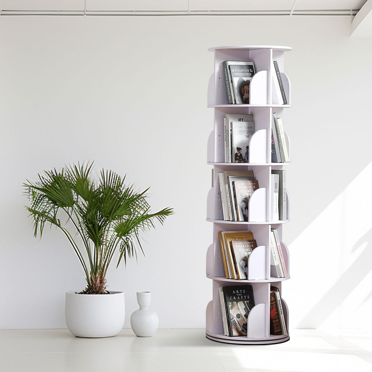 Rotating Bookshelf Tower, 360 Display Spinning Bookshelf, PVC Narrow Book Shelf Organizer, Corner Floor Standing Bookcase for Bedroom, Living Room, Study Room, Small Space (5 Tier) Buzleer