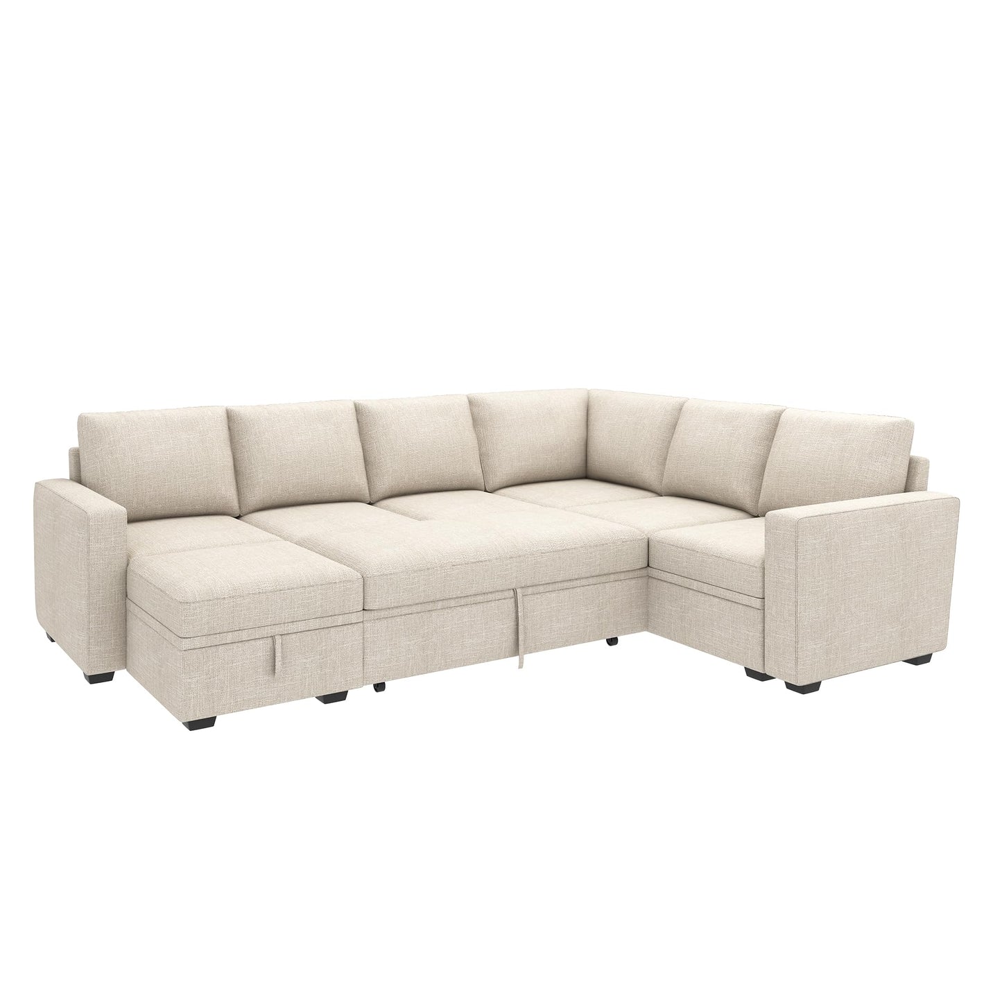 HONBAY Modular Sectional Sleeper Sofa with Pull Out Bed, U Shaped Sectional Couch with Storage Ottoman Convertible 7-Seater Sofa, Beige