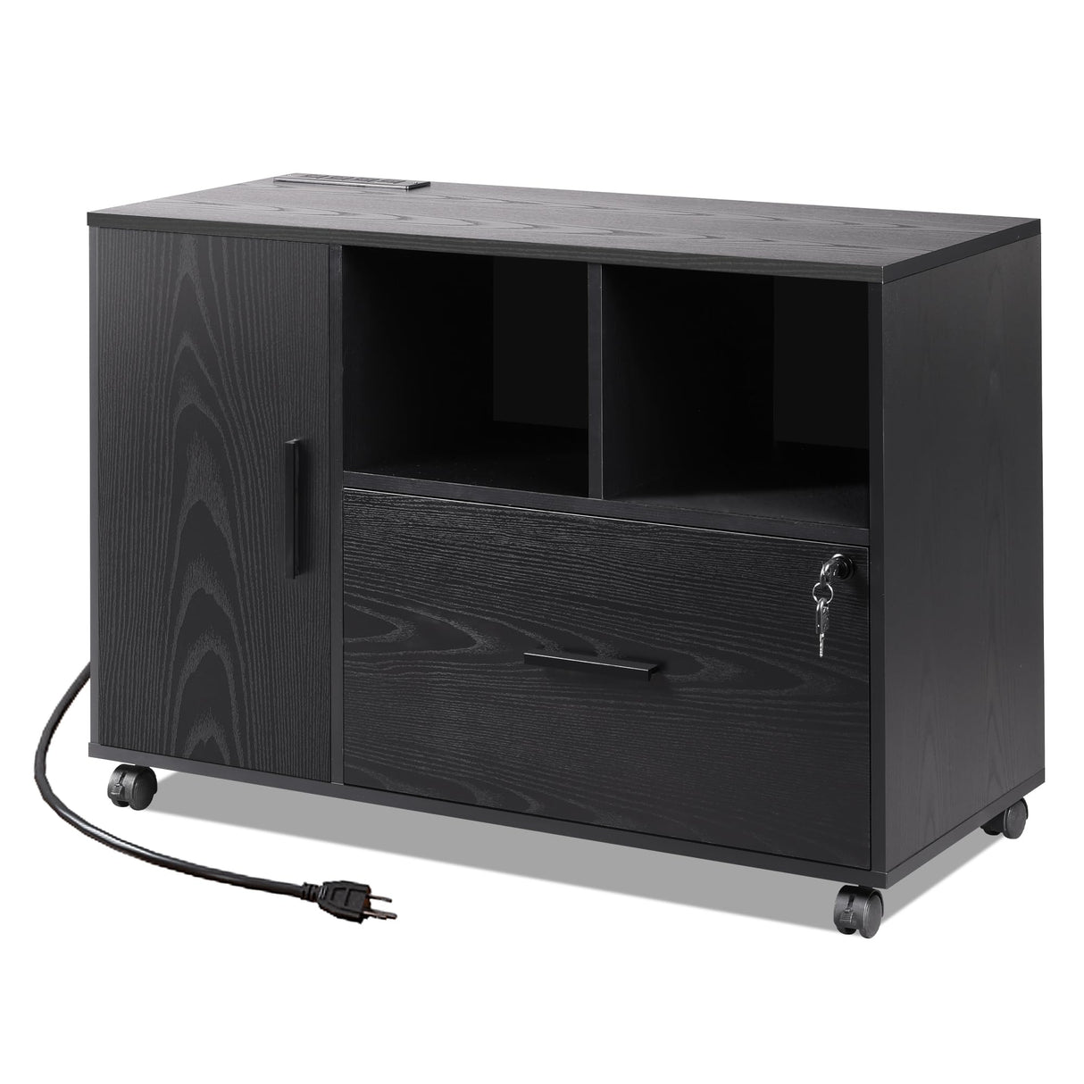 DEVAISE File Cabinet with Charging Station, 1-Drawer Lateral File Cabinets with Lock for Home Office, Wooden Rolling Printer Stand with Shelves, Black DEVAISE