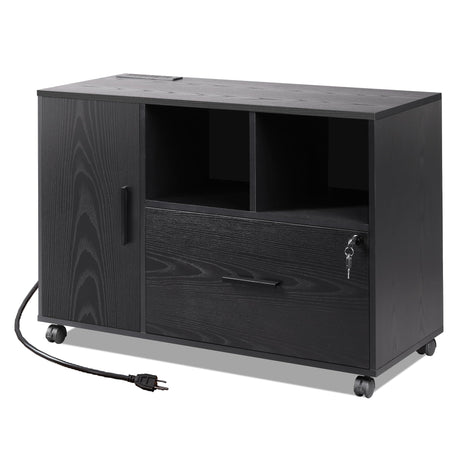 DEVAISE File Cabinet with Charging Station, 1-Drawer Lateral File Cabinets with Lock for Home Office, Wooden Rolling Printer Stand with Shelves, Black DEVAISE