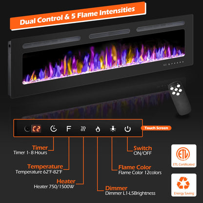 BETELNUT 68" Electric Fireplace Wall Mounted and Recessed with Remote Control, 750/1500W Ultra-Thin Wall Fireplace Heater W/Timer Adjustable Flame Color and Brightness, Log Set & Crystal Options