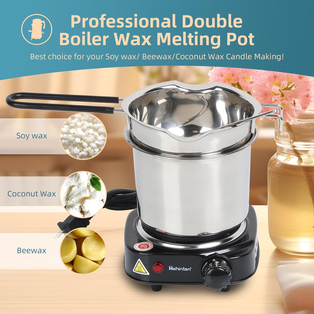 Hehinton Candle Making Kits, Professional Double Boiler Wax Melting Pot for Beginners, Complete DIY Kits with Hot Plate, 2Lbs Natural Soy Wax, Thermometer, Dye, 6 Candle Jars Hehinton