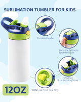 OFFNOVA 12oz Kids Sublimation Tumbler, 8 Pack Kids Sublimation Tumbler Blank with One-click Pop-up Straw and Handle for Heat Transfer, Children Sublimation Cups for Milk, Soda, Juice, Drinks OFFNOVA