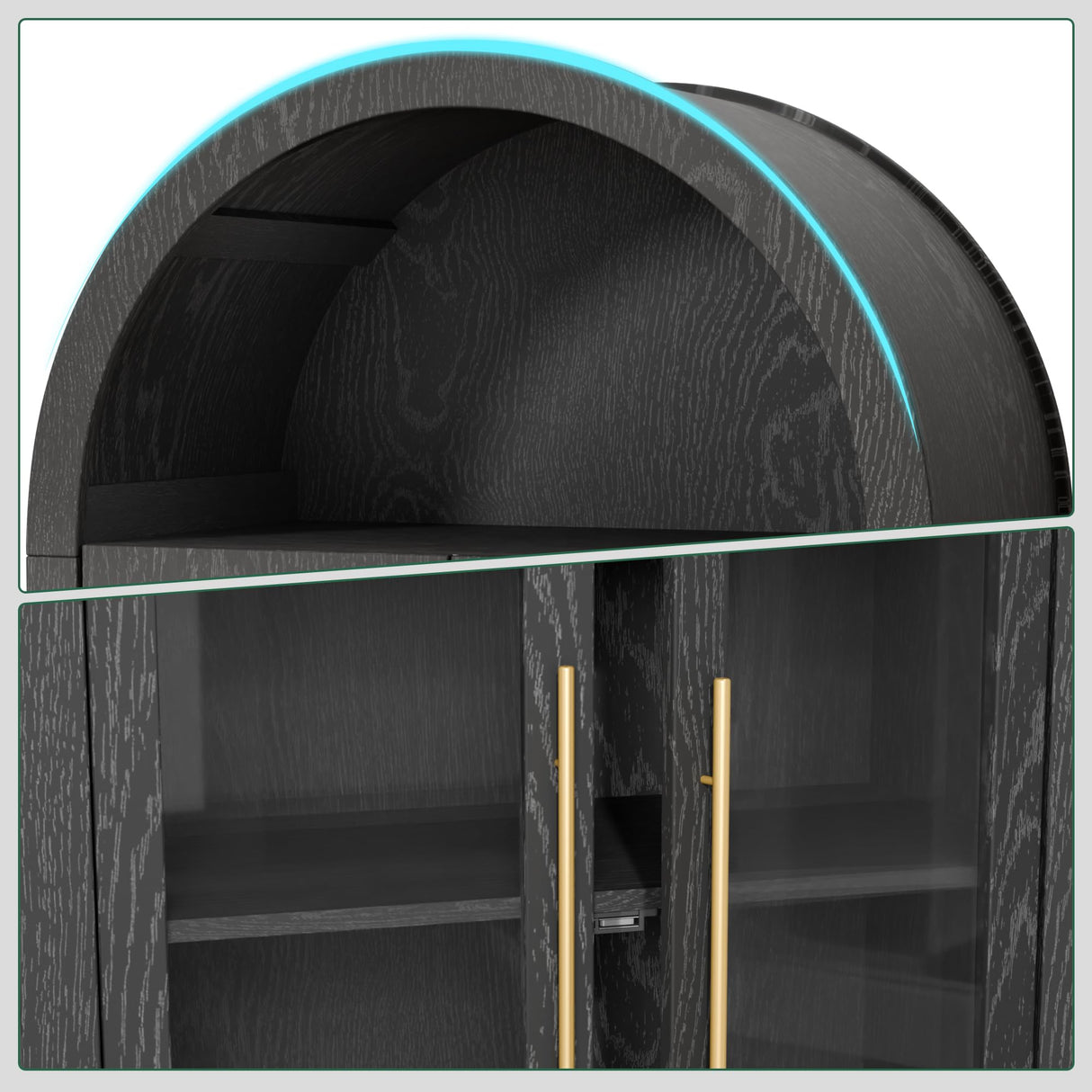 infurnic Arched Display Cabinet, 63'' Tall 5-Tier Arched Bookcase with Glass Doors & Adjustable Shelves for Living Room, Dining Room & Kitchen, Black infurnic