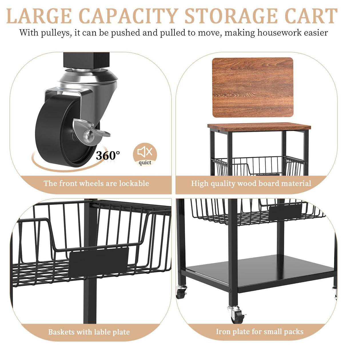Hastatii Kitchen Storage Cart, 5-Tier Utility Organizer with Baskets and Wood Top, Rolling Snack Cart with Wheels, Metal Black Hastatii