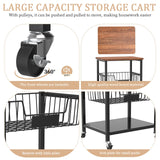 Hastatii Kitchen Storage Cart, 5-Tier Utility Organizer with Baskets and Wood Top, Rolling Snack Cart with Wheels, Metal Black Hastatii