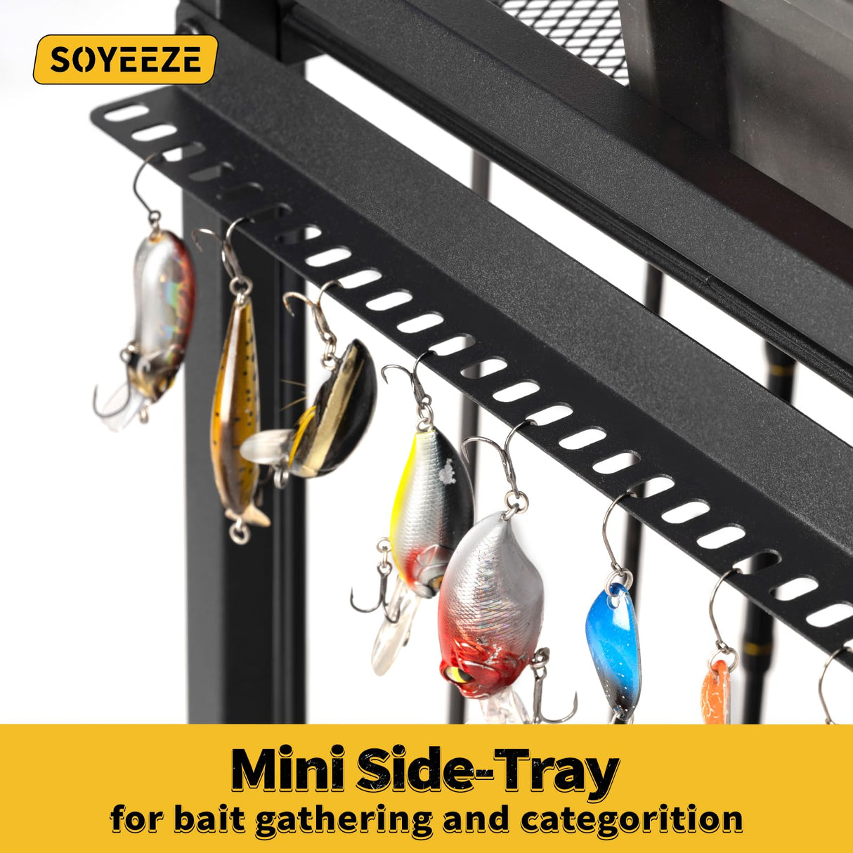 SOYEEZE Large Size Fishing Rod Holders for Garage, Heavy Duty 3-Tier Fishing Pole Rack Holds Up to 12 Rods, Fishing Gear Organizer with 2 Metal Baskets, Fishing Storage Cart with Lockable Wheels SOYEEZE