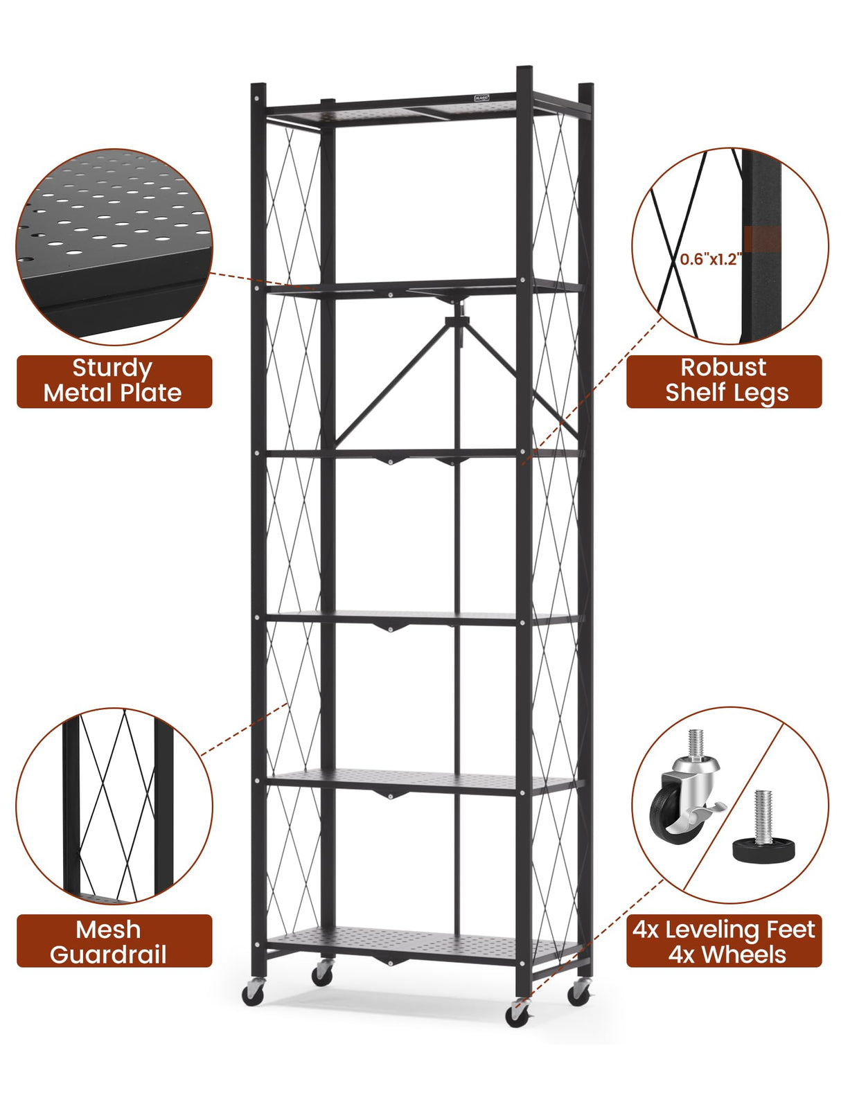 ALANNG 73.6 Inch Folding Bookshelf, 6 Tier Metal Bookcase and Bookshelves, Tall Shelves for Living Room Office Bedroom, Heavy Duty Book Shelve Free Standing Open (Black, 2PACK) ALANNG