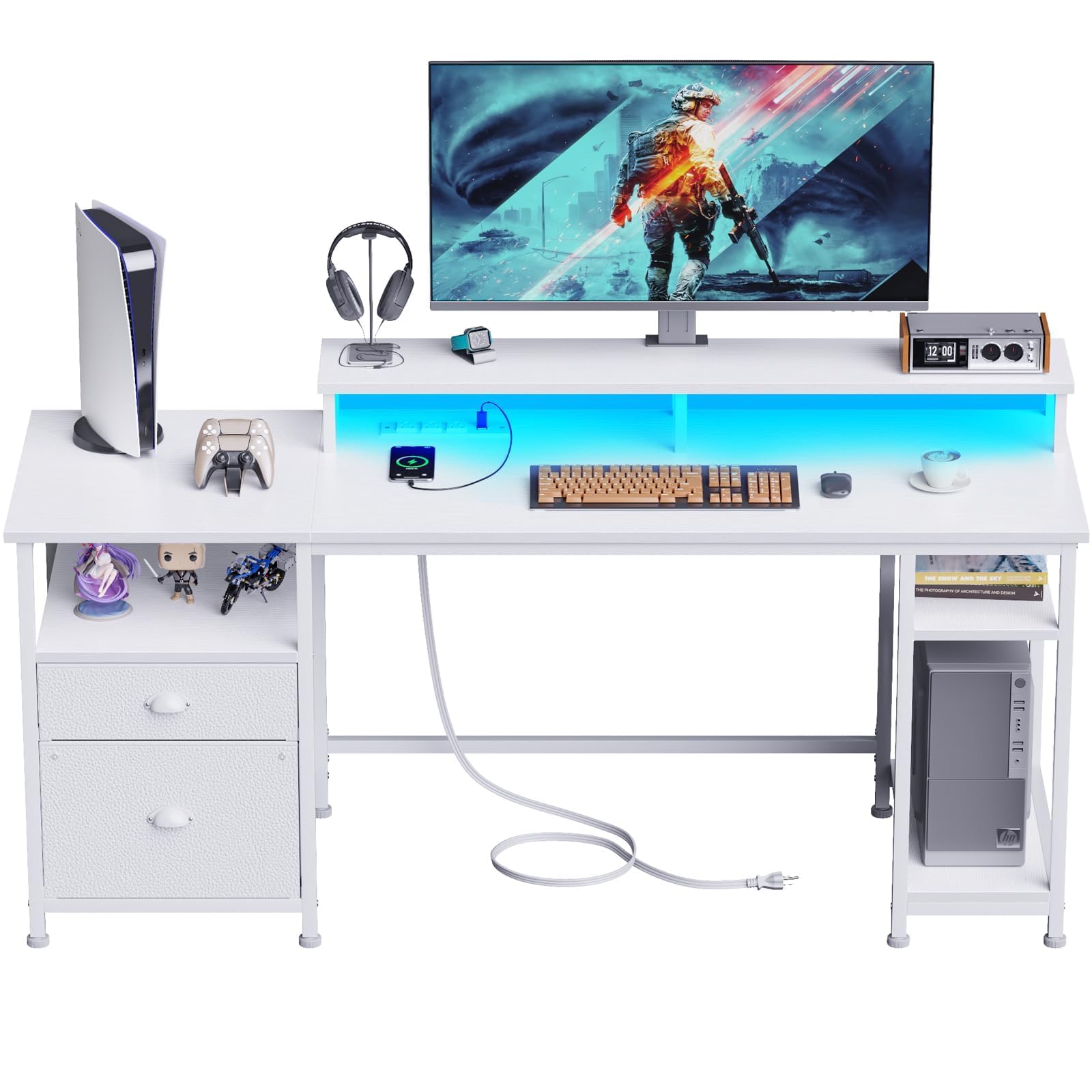 Furologee 61" Desk with LED Light & Power Outlets, Reversible Computer Desk with File Cabinet & Drawer, White Gaming Desk Writing Table with Dual Monitor Stand, for Home/Office/White - WoodArtSupply