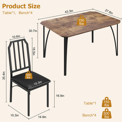 GAOMON Dining Table Set for 4, Kitchen Table and Chairs for 4 with with Chamfer Design, 5 Piece Dining Room Table Set with Cushion Seats for Small Space, Home Kitchen, Apartment-Rustic Brown