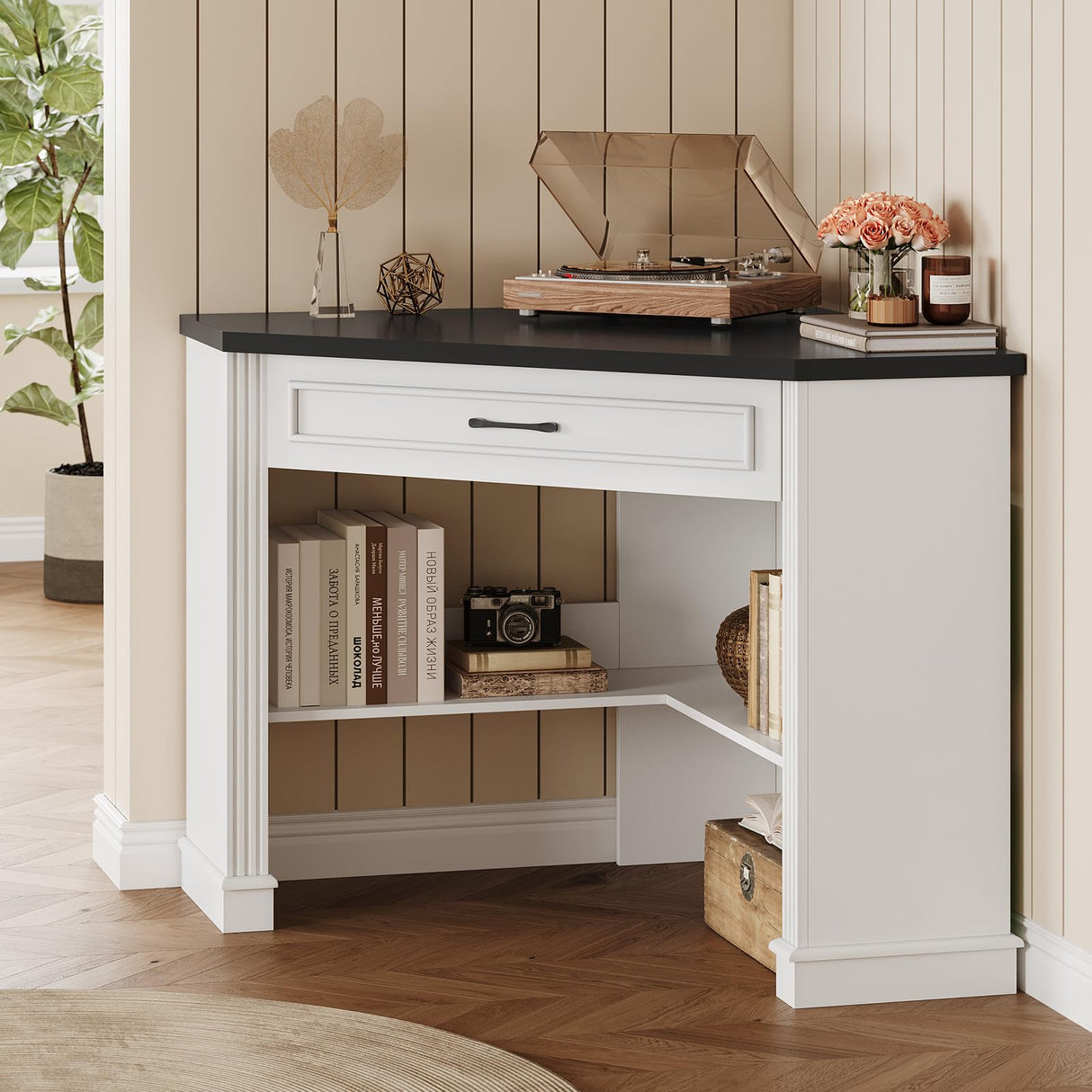 SEDETA 31.5" Corner Desk, Small Corner Desk for Small Space, Farmhouse Corner Computer Desk with Drawer, Small Computer Desk with Storage Shelves for Home Office, Living Room, Bedroom, White SEDETA
