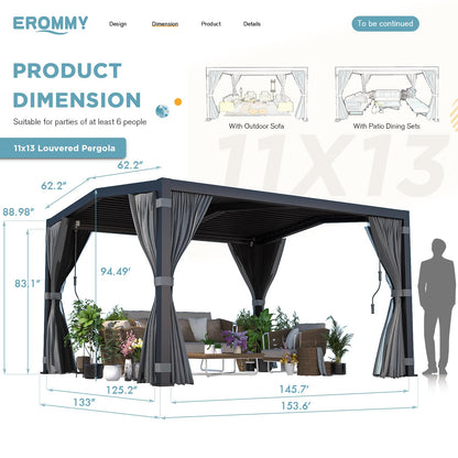 EROMMY Louvered Pergola 11' x 13' Outdoor Hard Top Mansard Roof Gazebo with Aluminum Frame and Adjustable Metal Rainproof Roof for Garden & Patio, Curtains and Netting Included, Gray-Black