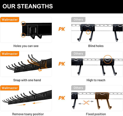 Wallmaster Garage Storage Organization Wall Mount, Garden Tool Rack Organizer Heavy Duty Folding Chair Hangers with 12 Adjustable Hooks 96inch Tracks Max Load 530lb - WoodArtSupply