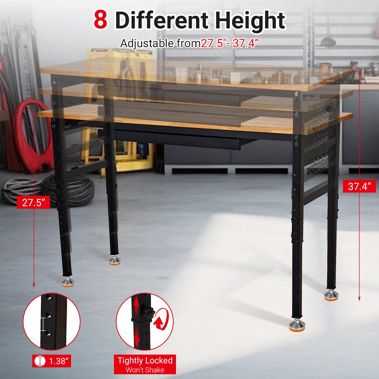 60" Adjustable Workbench with Drawer & Power Outlet,2200 Lbs Load Capacity Capacity Work Table,Heavy Duty Work Bench,Sturdy Steel Frame with Rubber Wood Table Top,for Garage,Office,Home TROPOW