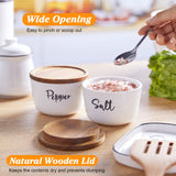 DAYYET Salt and Pepper Bowls, 10 oz Salt Cellar with Lid, Stacked Ceramic Salt Pepper Container with Acacia Wood Lid, Salt Box for Countertop, Modern Kitchen Decor, Set of 2, White DAYYET