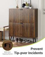 Shoe Storage Cabinet, Fluted Shoe Cabinet Storage for Entryway, Walnut Hidden Shoe Cabinet with Metal Legs,Shoe Organizer Cabinet with Flip Doors, Slim Entryway Shoe Storage Cabinet （31.5in） Smart FENDEE