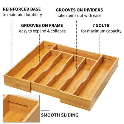 oridom Expandable Bamboo Kitchen Drawer Organizer for Cutlery and Utensils, Adjustable Bamboo Wood Cutlery Tray in Drawer for Flatware and Silverware in Kitchen, (Natural)