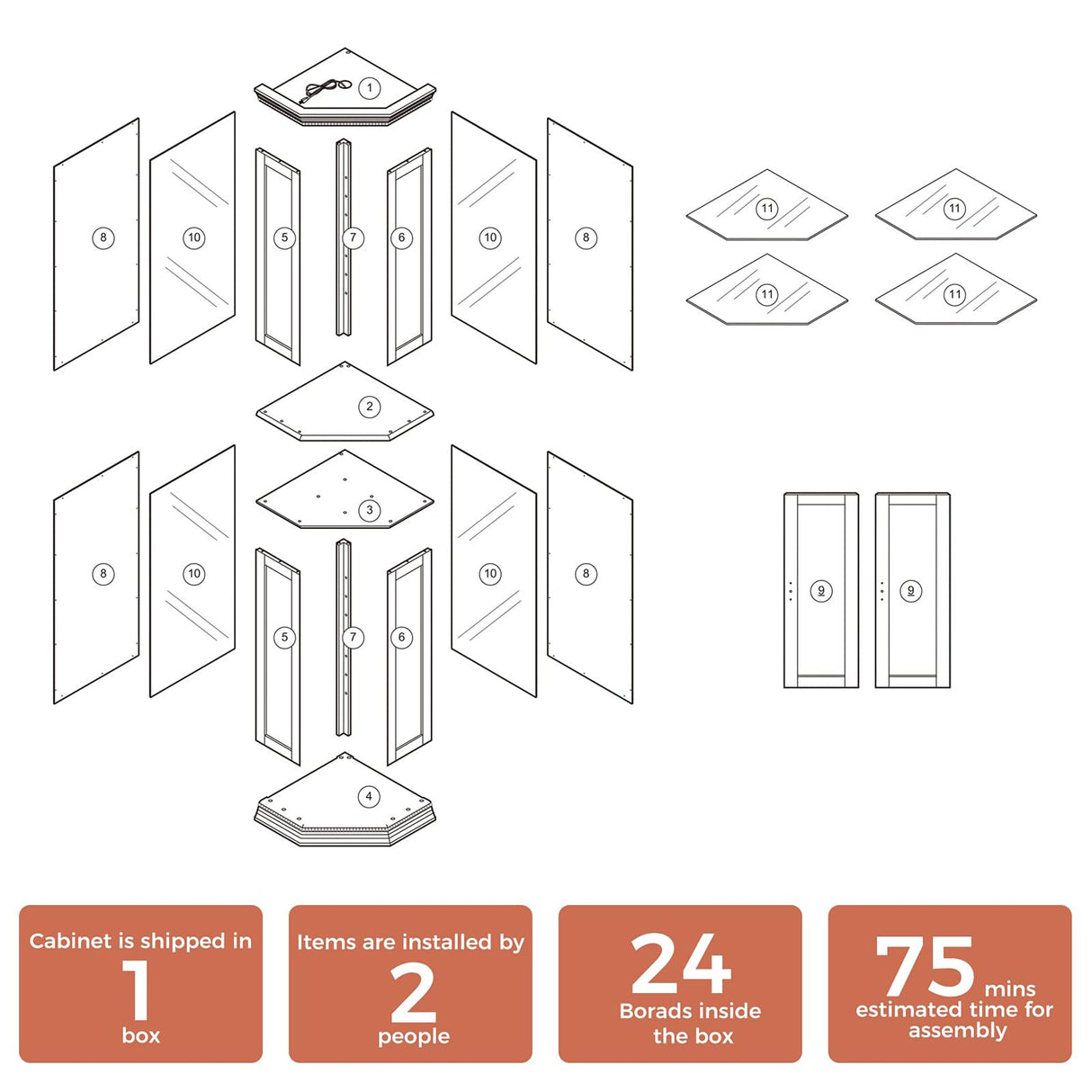 HomJoones Lighted Corner Display Curio Cabinet Wooden Curved Shelving Unit with Tempered Glass Door, Adjustable Tempered Glass Shelves, Bar and Liquor Storage Area, Display Cabinet (Cherry) HomJoones