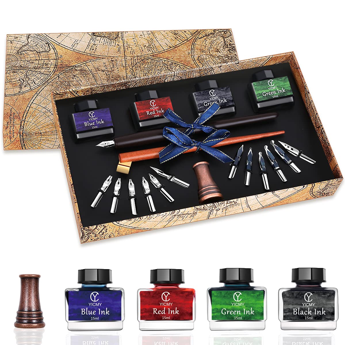 YICMY Calligraphy Pen Set,Calligraphy Set For Beginners Includes Oblique Pen Wooden Calligraphy Pen 12 Pen Nibs & 4 Different Color Inks Dip Pen Set Fountain Pen Set Retro Gift YICMY
