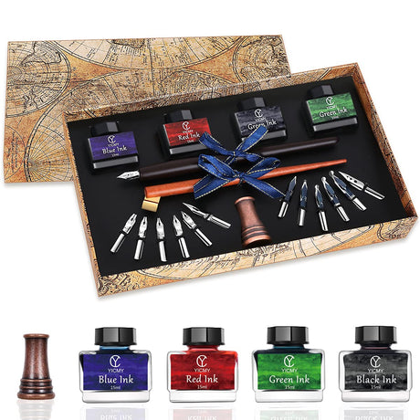 YICMY Calligraphy Pen Set,Calligraphy Set For Beginners Includes Oblique Pen Wooden Calligraphy Pen 12 Pen Nibs & 4 Different Color Inks Dip Pen Set Fountain Pen Set Retro Gift YICMY
