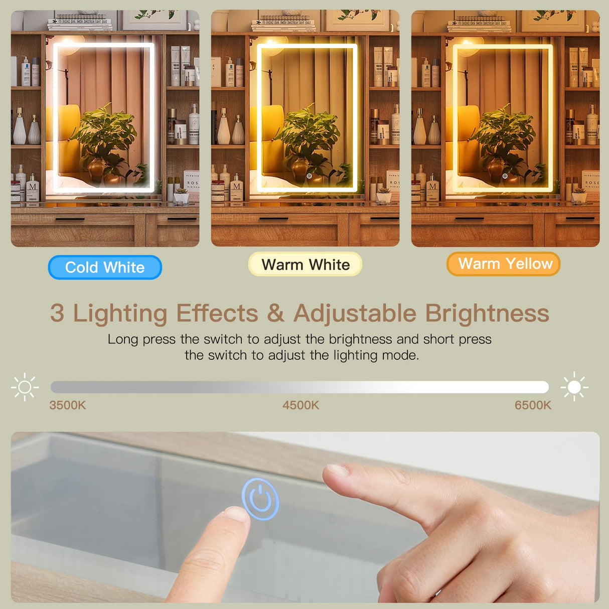 usikey Farmhouse Makeup Vanity Desk with Mirror and Lights, Glass Tabletop Makeup Vanity with Adjustable Shelves, Vanity Table Set with 2 Drawers and Side Cabinet for Bedroom, Maple usikey