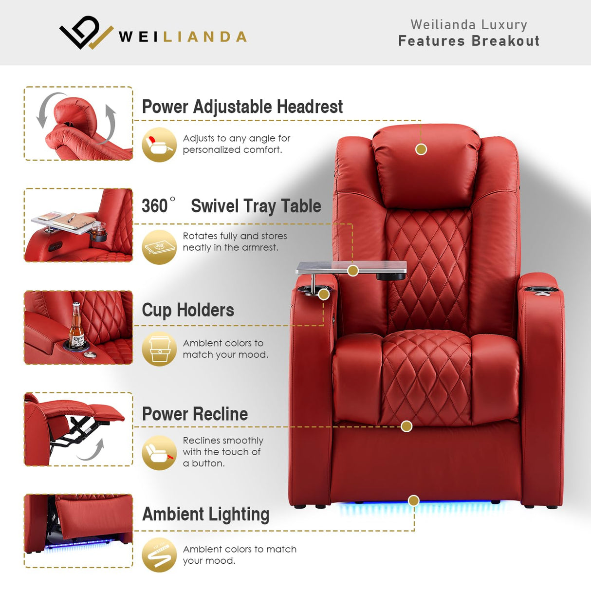 Weilianda Home Theater Seating Top Grain Leather Zero Gravity Recliner Chair Power Headrest Recline Movie Seat Gaming 7 Colors Mood Light Sofa with Tray Table USB Charge Row of 1 Red Weilianda