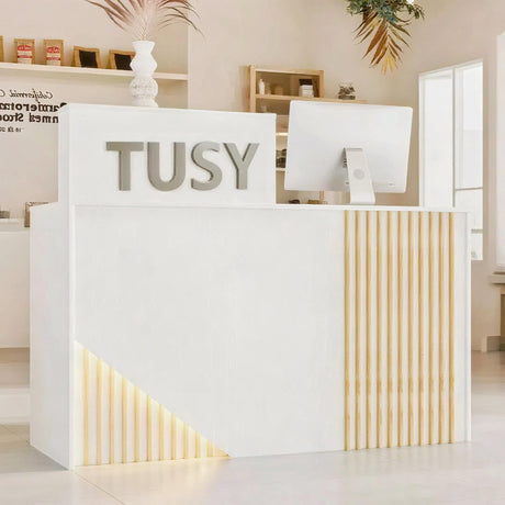 TUSY Small Reception Desk with Counter, 39.4" H Front Desk with Storage Drawers, Reception Counter with LED Lighting, Checkout Counter for Salon, Lobby – White (47.2" W x 18.9" D x 39.4" H) TUSY