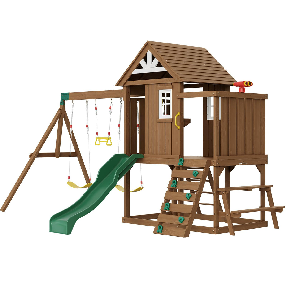 VEVOR Wooden Swing Set, 9 in 1 Outdoor Playground Sets for Backyards, 2 Swings, Trapeze Bar, 6 FT Slide, Large Upper Fort with Kitchen Toys, Flat Step Ladder, Rock Wall, Picnic Table, Sandbox VEVOR