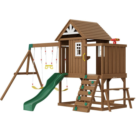 VEVOR Wooden Swing Set, 9 in 1 Outdoor Playground Sets for Backyards, 2 Swings, Trapeze Bar, 6 FT Slide, Large Upper Fort with Kitchen Toys, Flat Step Ladder, Rock Wall, Picnic Table, Sandbox VEVOR