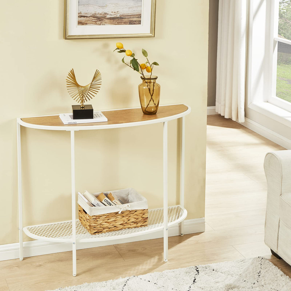 SAYGOER 2-Tier Half Moon Console Table with Storage Shelves in Oak White for Entryway, Living Room, and Office SAYGOER
