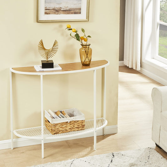 SAYGOER 2-Tier Half Moon Console Table with Storage Shelves in Oak White for Entryway, Living Room, and Office