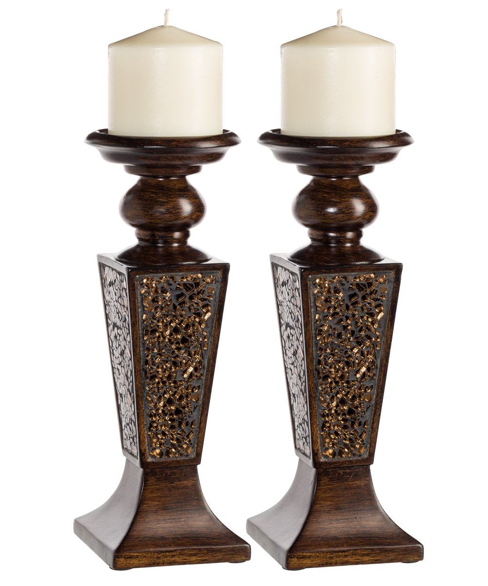 Creative Scents Schonwerk Pillar Candle Holder Set of 2- Crackled Mosaic Design- Functional Table Decorations- Centerpieces for Dining/Living Room- Best Wedding Gift (Brown) Creative Scents
