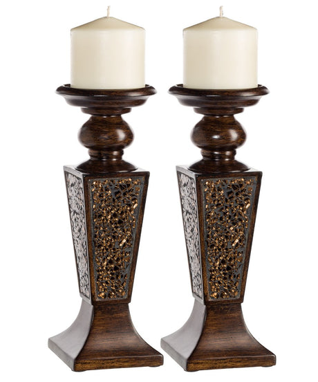 Creative Scents Schonwerk Pillar Candle Holder Set of 2- Crackled Mosaic Design- Functional Table Decorations- Centerpieces for Dining/Living Room- Best Wedding Gift (Brown) Creative Scents