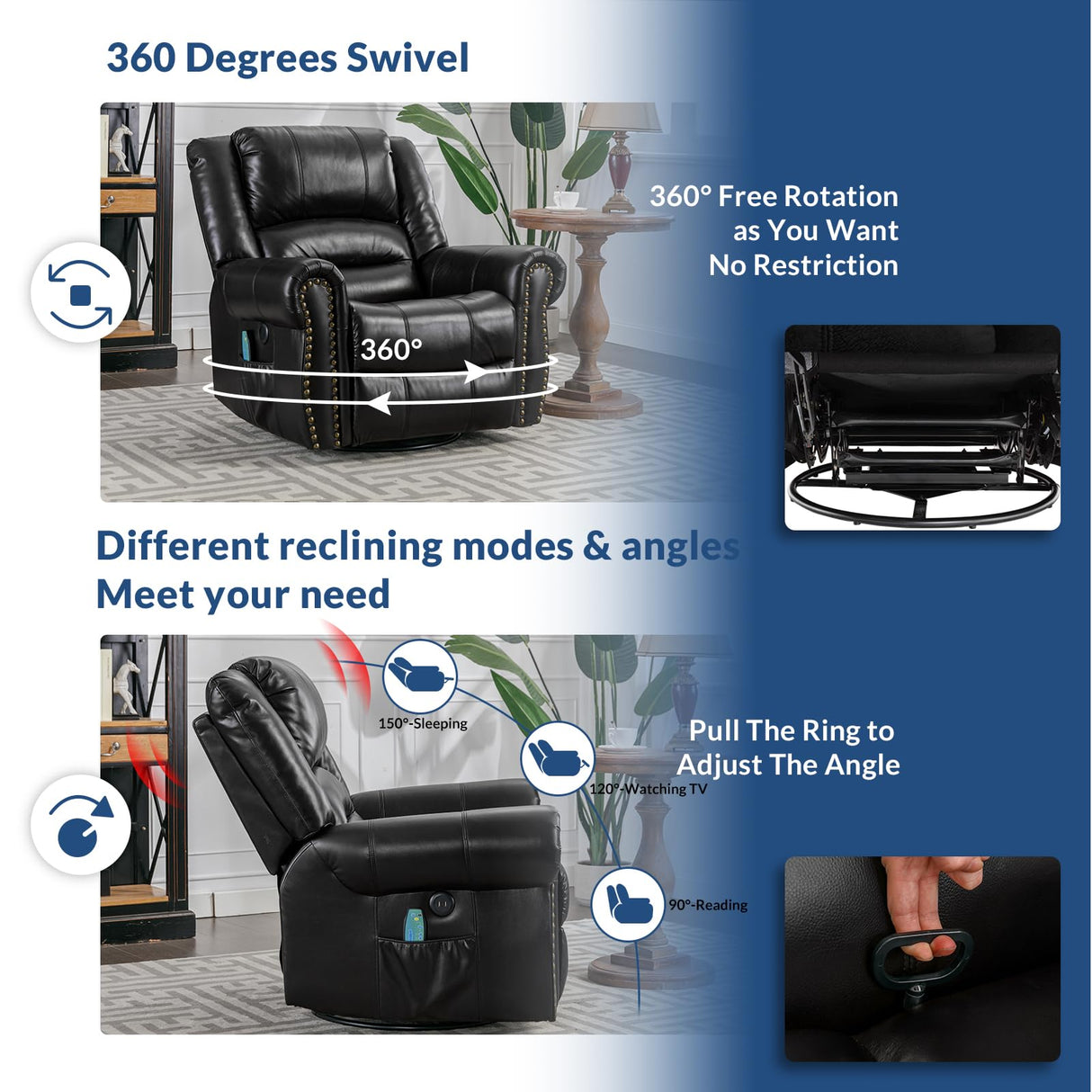 SOCIALCOMFY Swivel Rocker Recliner Chair with Heat and Vibration, 360° Swivel Glider Rocker Manual Reclining Chair, Massage Rocking Recliners with Side Pockets & USB Ports for Living Room, Black SOCIALCOMFY