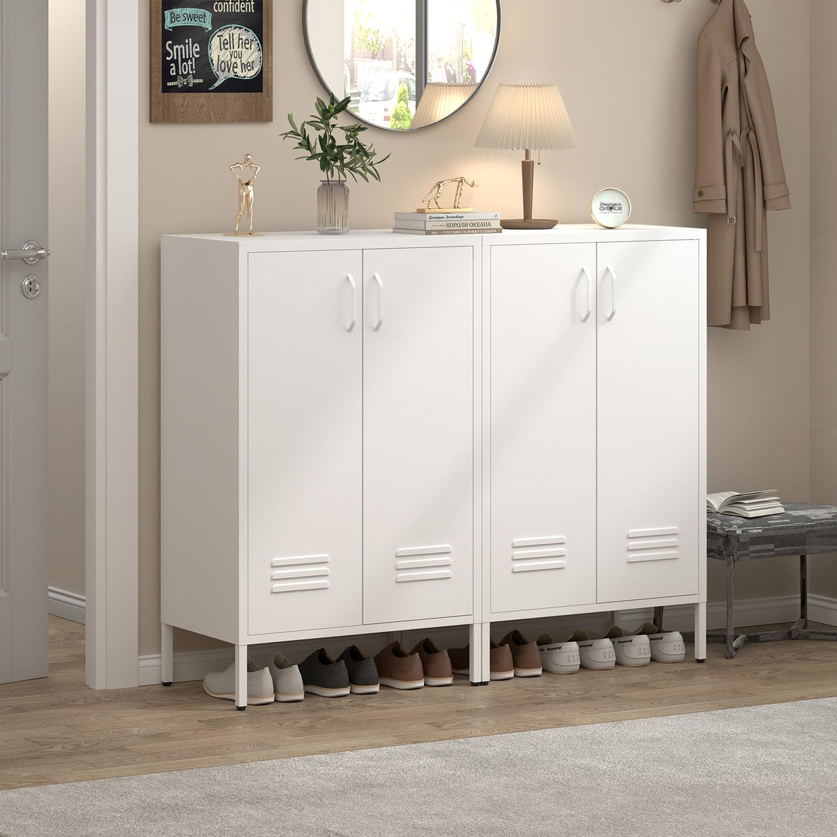 IRONFFICE Metal Storage Cabinet,2 Door Metal Locker Storage Cabinet,White Accent Locker Cabinet with Shelves,Sideboard Cabinet for Living Room,Entryway IRONFFICE