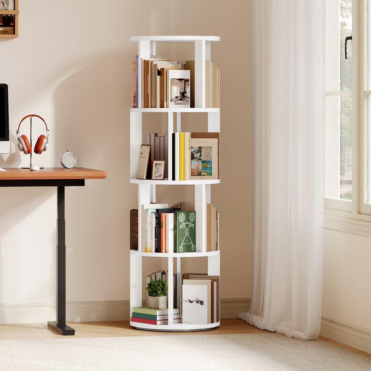 MAHANCRIS 4-Tier Rotating Bookshelf, 360° Spinning Bookshelf Tower, Floor Standing Round Revolving Bookcase, Display Rack for Books, CDs, for Living Room, Study, Bedroom, White BKWT6401 MAHANCRIS