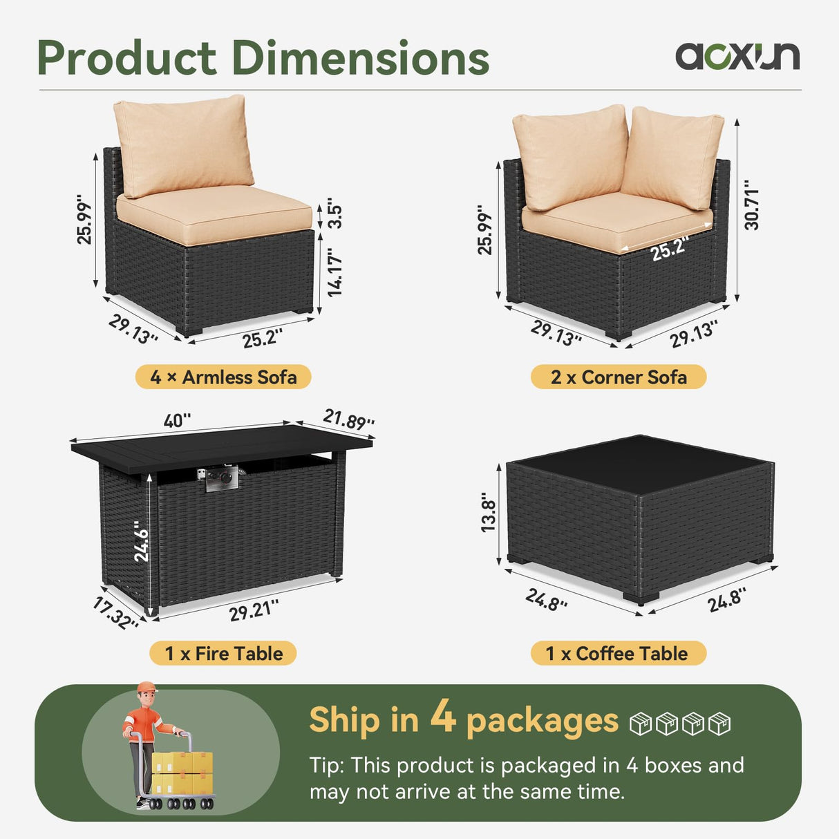 Aoxun 8 Piece Patio Furniture Set with 44” Fire Pit Table Wicker Rattan Patio Sectional Sofa Set Outdoor Seating Furniture with Thickened Cushion, Beige Aoxun