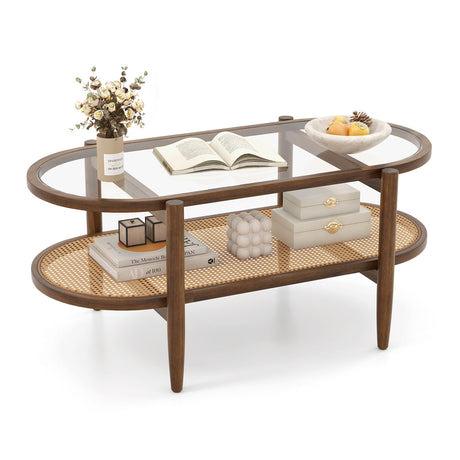 NAFORT 2-Tier Glass Coffee Table, 40" Oval Center Table with Tempered Glass Top, PE Wicker Storage Shelf, Farmhouse Modern Boho Tea Table for Living Room, Office, or Balcony (Bohemian, Brown) NAFORT