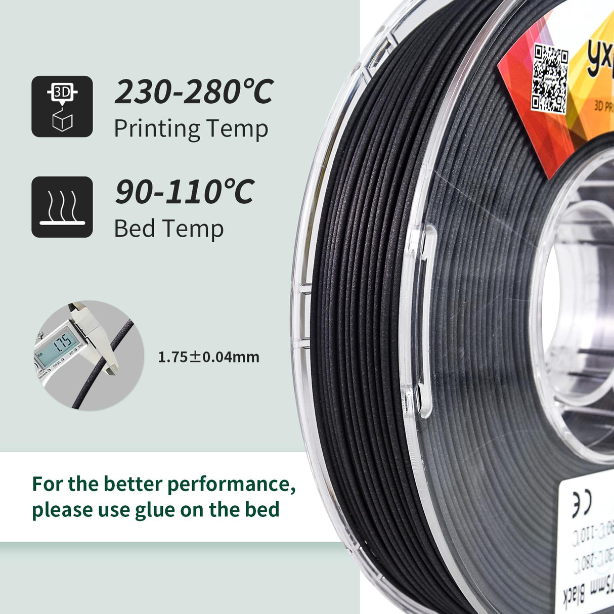 YXPOLYER PA12-CF Filament Chopped Carbon Fiber Nylon Filament 1.75mm 500g 1.1lbs Nylon Filament 1.75 3D Printer Filament yxpolyer