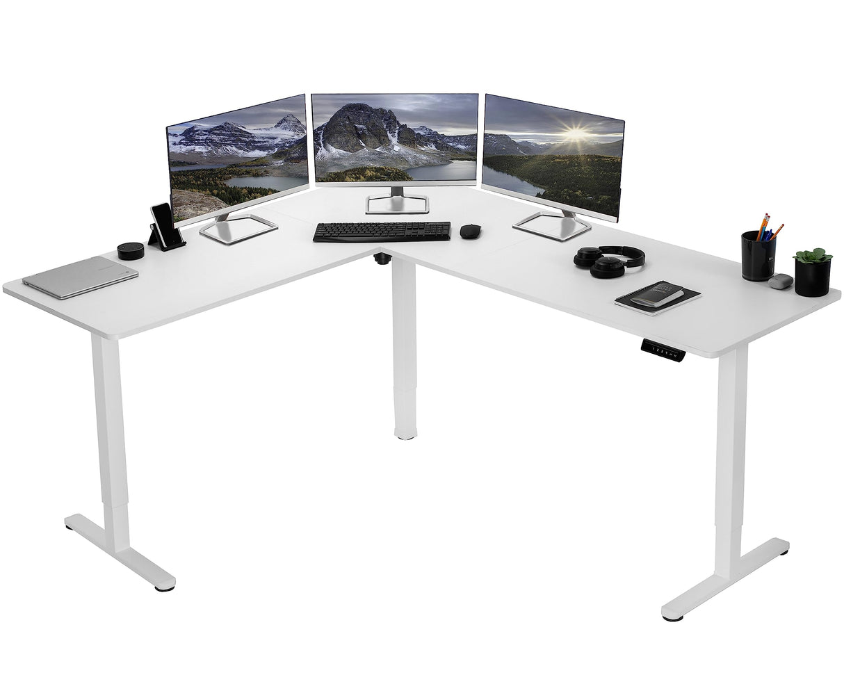 VIVO Electric Corner L-Shaped 75 x 63 inch Standing Desk, Height Adjustable, Memory Controller, White Top White Frame, DESK-E3CTW-75 VIVO