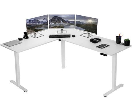 VIVO Electric Corner L-Shaped 75 x 63 inch Standing Desk, Height Adjustable, Memory Controller, White Top White Frame, DESK-E3CTW-75 VIVO